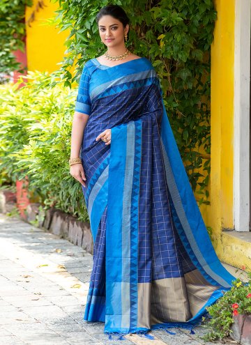 Navy Blue Contemporary Saree in Raw Silk with Woven