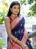 Navy Blue Contemporary Saree in Tussar Silk with Woven - 2