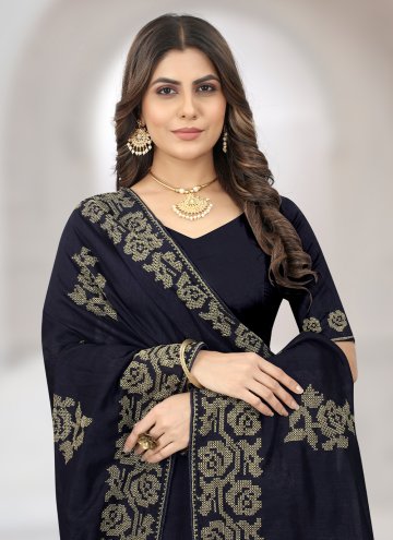 Navy Blue Contemporary Saree in Vichitra Silk with Embroidered