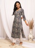 Navy Blue Cotton  Printed Casual Kurti for Casual - 3