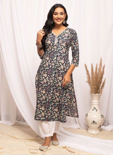 Navy Blue Cotton  Printed Casual Kurti for Casual