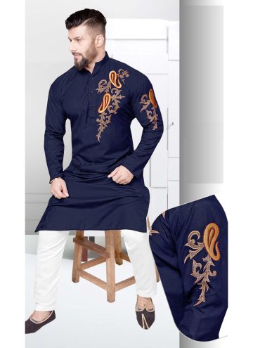Navy Blue Cotton  Resham Work Kurta Pyjama