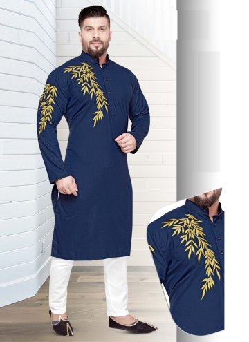Navy Blue Cotton  Resham Work Kurta Pyjama for Eng