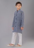Navy Blue Cotton Silk Embroidered Kurta Pyjama - 1