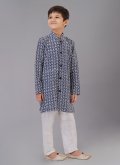 Navy Blue Cotton Silk Embroidered Kurta Pyjama - 2