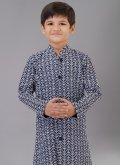 Navy Blue Cotton Silk Embroidered Kurta Pyjama - 4