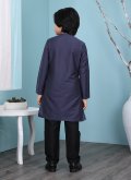 Navy Blue Cotton Silk Plain Work Kurta Pyjama - 1