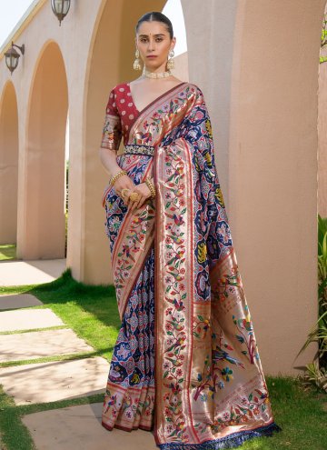 Navy Blue Designer Contemporary Saree in Silk with Woven