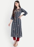 Navy Blue Designer Kurti in Cotton  with Embroidered - 2