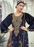 Navy Blue Designer Salwar Kameez in Velvet with Embroidered - 1
