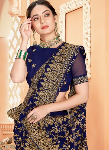 Navy Blue Designer Saree in Georgette with Embroidered