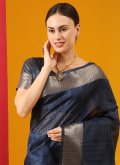 Navy Blue Designer Saree in Tussar Silk with Woven - 1