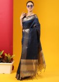 Navy Blue Designer Saree in Tussar Silk with Woven - 2