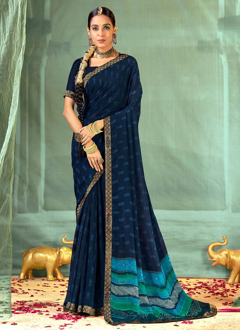 Navy Blue Designer Traditional Saree in Georgette with Floral Print