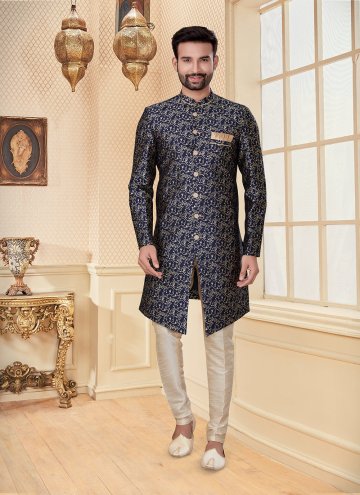 Navy Blue Fancy Fabric Embroidered Indo Western for Ceremonial