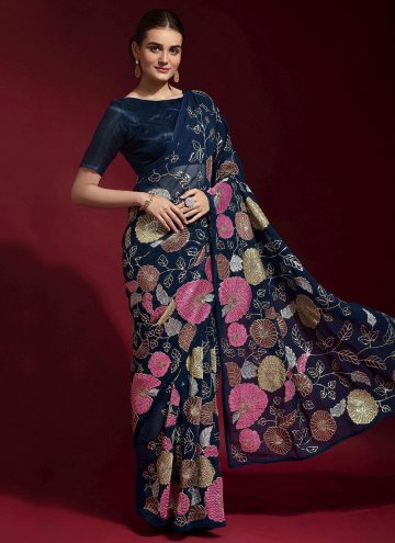 Navy Blue Faux Georgette Embroidered Classic Designer Saree