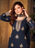 Navy Blue Faux Georgette Embroidered Designer Palazzo Salwar Suit for Ceremonial - 2