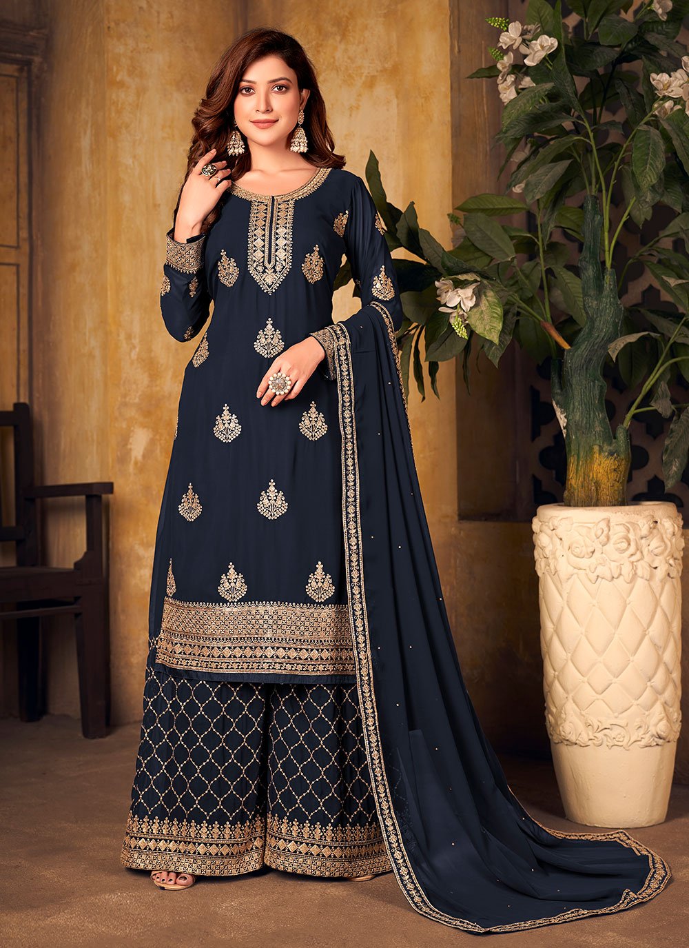 Navy Blue Faux Georgette Embroidered Designer Palazzo Salwar Suit for Ceremonial