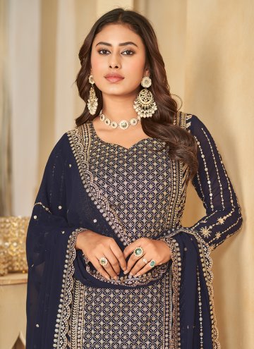 Navy Blue Faux Georgette Embroidered Salwar Suit for Engagement