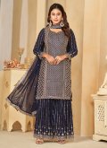 Navy Blue Faux Georgette Embroidered Salwar Suit for Engagement - 2