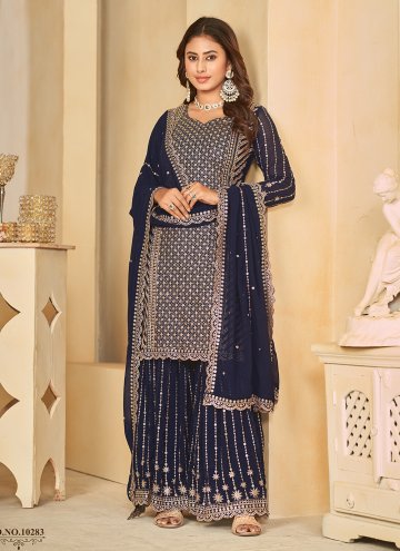 Navy Blue Faux Georgette Embroidered Salwar Suit for Engagement
