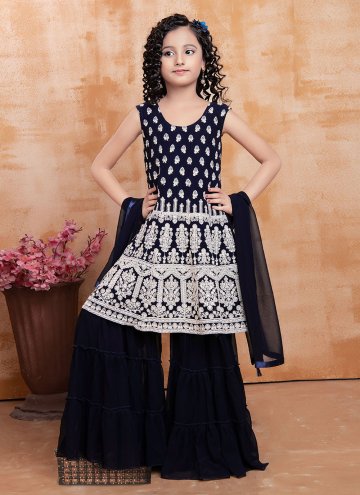 Navy Blue Faux Georgette Thread Palazzo Suit