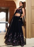 Navy Blue Georgette Embroidered A Line Lehenga Choli for Engagement - 2