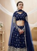 Navy Blue Georgette Embroidered A Line Lehenga Choli for Engagement - 1