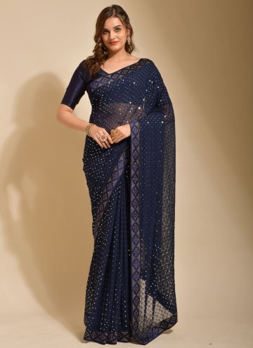 Navy Blue Georgette Embroidered Contemporary Saree