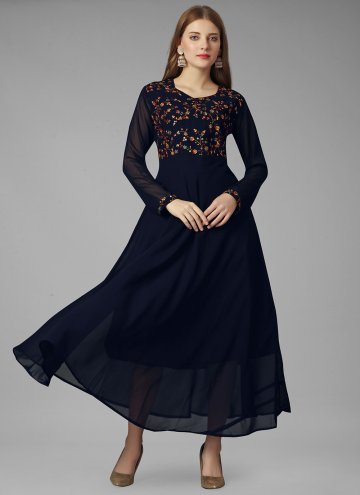 Navy Blue Georgette Embroidered Designer Gown for 