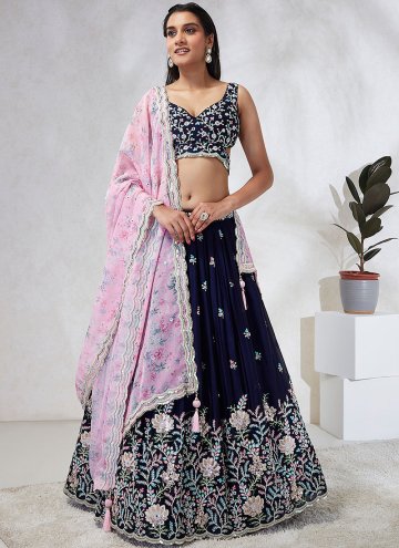 Navy Blue Georgette Embroidered Lehenga Choli for Ceremonial