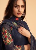 Navy Blue Georgette Embroidered Pant Style Suit - 1