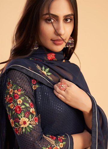 Navy Blue Georgette Embroidered Pant Style Suit