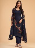 Navy Blue Georgette Embroidered Pant Style Suit - 2