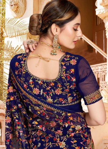 Navy Blue Georgette Embroidered Trendy Saree for Engagement