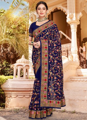Navy Blue Georgette Embroidered Trendy Saree for E