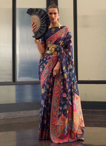 Navy Blue Handloom Silk Woven Contemporary Saree for Festival