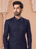 Navy Blue Jacquard Embroidered Indo Western Sherwani for Ceremonial - 1