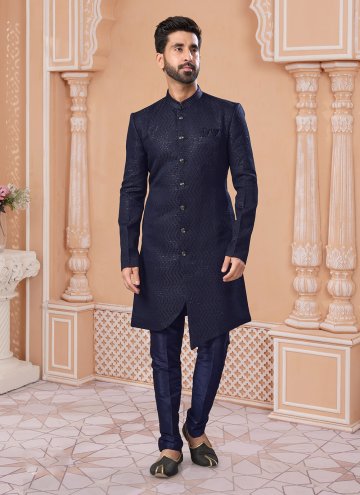 Navy Blue Jacquard Embroidered Indo Western Sherwani for Ceremonial