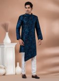 Navy Blue Jacquard Silk Embroidered Indo Western - 1