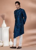 Navy Blue Jacquard Silk Embroidered Indo Western - 2
