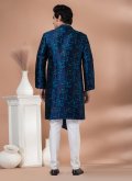 Navy Blue Jacquard Silk Embroidered Indo Western - 3