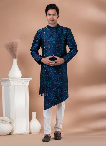 Navy Blue Jacquard Silk Embroidered Indo Western