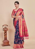Navy Blue Kanjivaram Silk Woven Classic Designer Saree for Engagement - 1