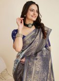 Navy Blue Kanjivaram Silk Woven Trendy Saree for Ceremonial - 3