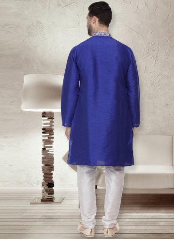 Navy Blue Kurta Pyjama in Art Dupion Silk with Embroidered