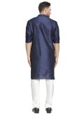 Navy Blue Kurta Pyjama in Art Dupion Silk with Plain Work - 1