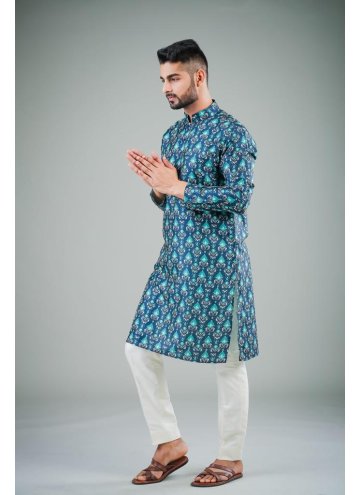 Navy Blue Kurta Pyjama in Cotton Satin with Printed