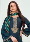 Navy Blue Muslin Embroidered Trendy Straight Suit - 1