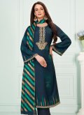 Navy Blue Muslin Embroidered Trendy Straight Suit - 2